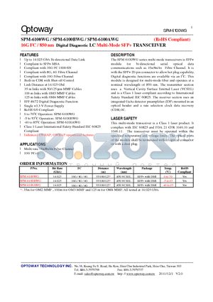 SPM-6100AWG datasheet - 16G FC / 850 nm Digital Diagnostic LC Multi-Mode SFP TRANSCEIVER
