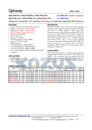 SPM-5701WG datasheet - 1550 nm TX / 1310 nm RX , 3.3V / 622 Mbps Digital Diagnostic Multi-Mode Single-Fiber SFP Transceiver