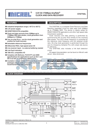 SY87700LHITR datasheet - 3.3V 32-175Mbps AnyRate CLOCK AND DATA RECOVERY