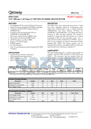 SPM-7101G_08 datasheet - 3.3V / 850 nm / 1.25 Gbps LC SFP MULTI-MODE TRANSCEIVER