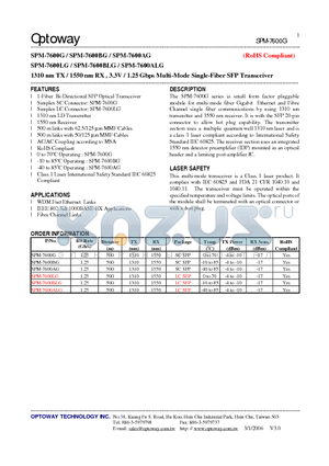 SPM-7600ALG datasheet - 1310 nm TX / 1550 nm RX , 3.3V / 1.25 Gbps Multi-Mode Single-Fiber SFP Transceiver