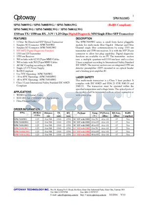 SPM-7600ALWG datasheet - 1310 nm TX / 1550 nm RX , 3.3V / 1.25 Gbps Digital Diagnostic MM Single-Fiber SFP Transceiver