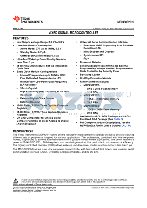 MSP430F2330TRHAR datasheet - MIXED SIGNAL MICROCONTROLLER