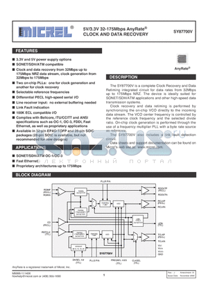 SY87700VZCTR datasheet - 5V/3.3V 32-175Mbps AnyRate CLOCK AND DATA RECOVERY