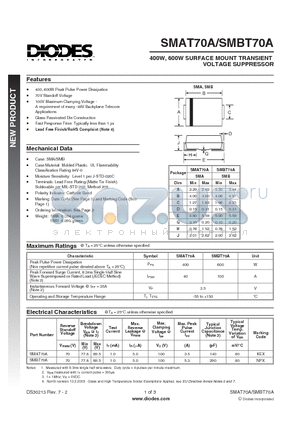 SMAT70A-13-F datasheet - 400W, 600W SURFACE MOUNT TRANSIENT VOLTAGE SUPPRESSOR