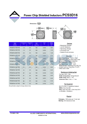 PCS3D16-1R0T-RC datasheet - Power Chip Shielded Inductors