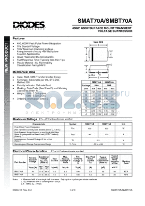 SMAT70A datasheet - 400W, 600W SURFACE MOUNT TRANSIENT VOLTAGE SUPPRESSOR