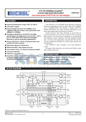 SY87701LHG datasheet - 3.3V 32-1250Mbps AnyRate CLOCK AND DATA RECOVERY Use lower-power SY87701AL for new designs