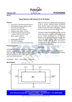 PCS3I6200AG-06JR datasheet - Spread Spectrum EMI reduction IC for HD Display