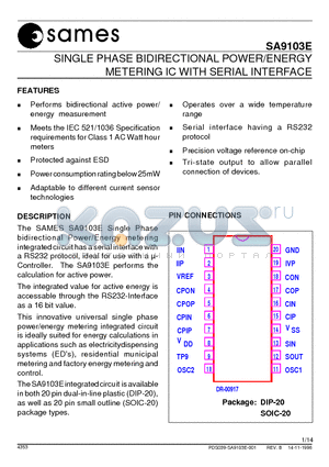 SA9103EPA datasheet - SINGLE PHASE BIDIRECTIONAL POWER/ENERGY METERING IC WITH SERIAL INTERFACE