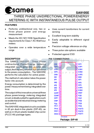 SA9105E datasheet - THREE PHASE UNIDIRECTIONAL POWER/ENERGY METERING IC WITH INSTANTANEOUS PULSE OUTPUT