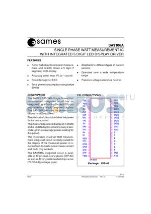 SA9106AFA datasheet - SINGLE PHASE WATT MEASUREMENT IC WITH INTEGRATED 5 DIGIT LED DISPLAY DRIVER