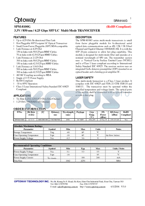 SPM-8100G datasheet - 3.3V / 850 nm / 4.25 Gbps SFP LC Multi-Mode TRANSCEIVER