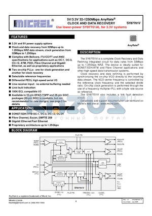 SY87701VHHTR datasheet - 5V/3.3V 32-1250Mbps AnyRate CLOCK AND DATA RECOVERY