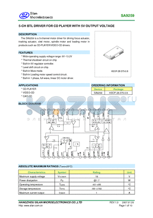 SA9259 datasheet - 5-CH BRL DRIVER FOR CD PLAYER WITH 5V OUTPUT VOLTAGE