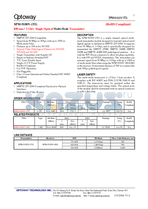 SPM-9100V-1TG datasheet - 850 nm / 3 Gb/s Single Optical Multi-Mode Transmitter