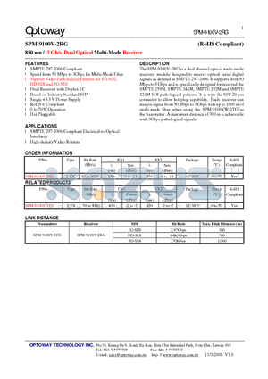SPM-9100V-2RG datasheet - 850 nm / 3 Gb/s Dual Optical Multi-Mode Receiver