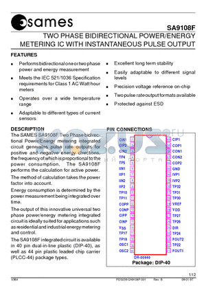 SA9108F datasheet - TWO PHASE BIDIRECTIONAL POWER/ENERGY METERING IC WITH INSTANTANEOUS PULSE OUTPUT