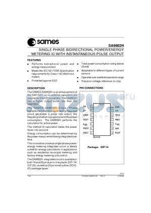 SA9602HSA datasheet - SINGLE PHASE BIDIRECTIONAL POWER/ENERGY METERING IC WITH INSTANTANEOUS PULSE OUTPUT