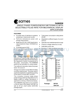 SA9602MSA datasheet - SINGLE PHASE POWER/ENERGY METERING IC WITH SELECTABLE PULSE RATE FOR MECHANICAL DISPLAY APPLICATIONS