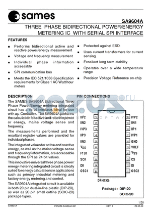 SA9604 datasheet - THREE PHASE BIDIRECTIONAL POWER/ENERGY METERING IC WITH SERIAL SPI INTERFACE