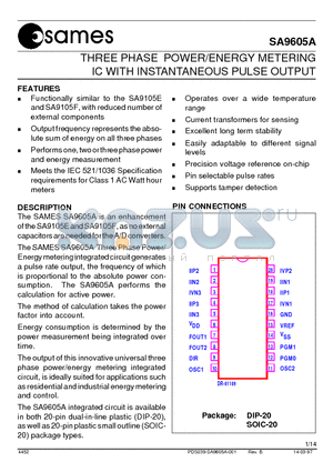 SA9605APA datasheet - THREE PHASE POWER/ENERGY METERING IC WITH INSTANTANEOUS PULSE OUTPUT
