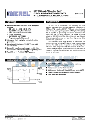 SY87721L datasheet - 3.3V 28Mbps-2.7Gbps ANYRATE CLOCK AND DATA RECOVERY WITH INTEGRATED CLOCK MULTIPLIER UNIT