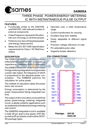 SA9605ASA datasheet - THREE PHASE POWER/ENERGY METERING IC WITH INSTANTANEOUS PULSE OUTPUT