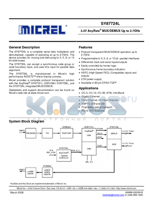 SY87724LHEY datasheet - 3.3V AnyRate MUX/DEMUX Up to 2.7GHz