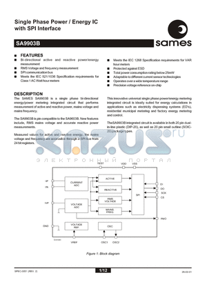 SA9903BSA datasheet - Single Phase Power / Energy IC with SPI Interface