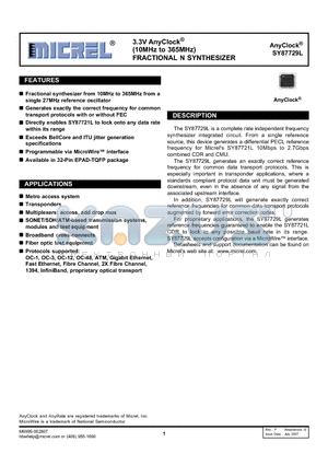 SY87729LHY datasheet - 3.3V AnyClock (10MHz to 365MHz) FRACTIONAL N SYNTHESIZER