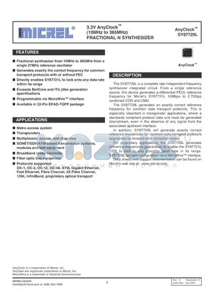 SY87729LHYTR datasheet - 3.3V AnyClock (10MHz to 365MHz) FRACTIONAL N SYNTHESIZER