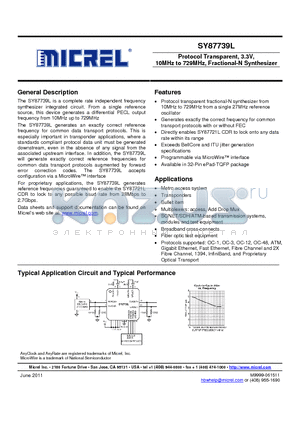 SY87739L datasheet - Protocol Transparent, 3.3V, 10MHz to 729MHz, Fractional-N Synthesizer