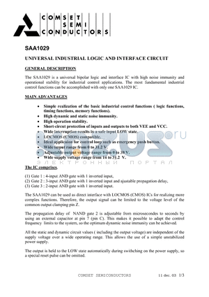 SAA1029 datasheet - UNIVERSAL INDUSTRIAL LOGIC AND INTERFACE CIRCUIT