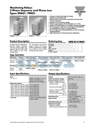 PPA01DM48 datasheet - Monitoring Relays 3-Phase Sequence and Phase Loss