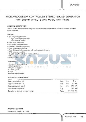 SAA1099 datasheet - MICROPROCESSOR CONTROLLED STEREO SOUND GENERATOR FOR SOUND EFFECTS AND MUSIC SYNTHESIS