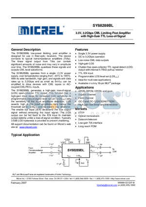 SY88289BL datasheet - 3.3V, 3.2Gbps CML Limiting Post Amplifier with High-Gain TTL Loss-of-Signal