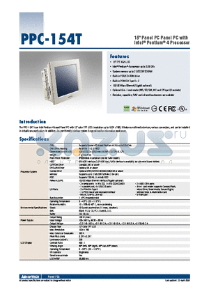 PPC-154T-BARE-CE datasheet - 15 Panel PC Panel PC with Intel^ Pentium^ 4 Processor