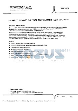 SAA3007P datasheet - INFRARED REMOTE CONTROL TRANSMITTER (LOW VOLTAGE)