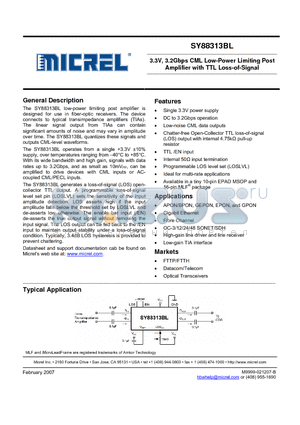 SY88313BLMG datasheet - 3.3V, 3.2Gbps CML Low-Power Limiting Post Amplifier with TTL Loss-of-Signal
