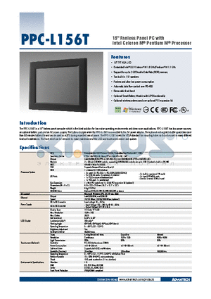 PPC-L156T datasheet - 15 Fanless Panel PC with Intel Celeron M^ Pentium M^ Processor