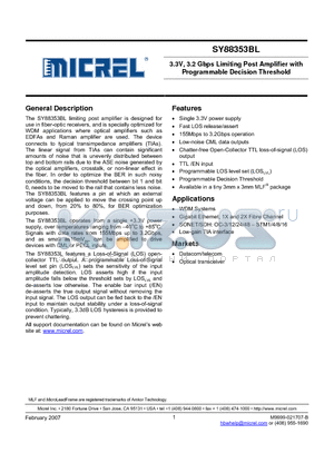 SY88353BL datasheet - 3.3V, 3.2 Gbps Limiting Post Amplifier with Programmable Decision Threshold