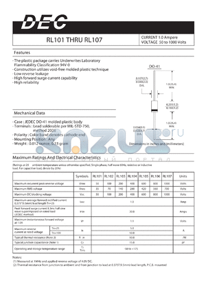 RL101 datasheet - CURRENT 1.0 Ampere VOLTAGE 50 to 1000 Volts