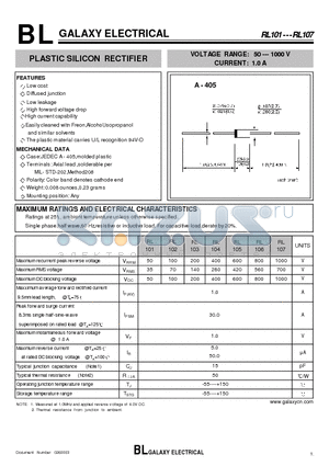 RL101 datasheet - PLASTIC SILICON RECTIFIER