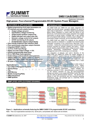 SMB113A datasheet - High-power, Four-channel Programmable DC-DC System Power Managers