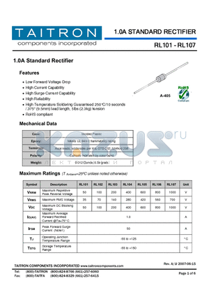RL103 datasheet - 1.0A Standard Rectifier