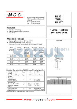 RL103 datasheet - 1 Amp Rectifier 50 - 1000 Volts