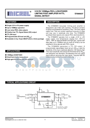 SY88893V datasheet - 3.3V/5V 155Mbps PECL LOW-POWER LIMITING POST AMPLIFIER W/TTL SIGNAL DETECT