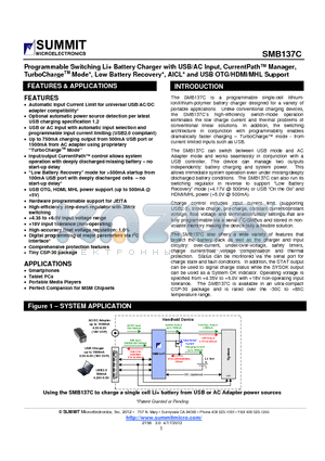 SMB137C datasheet - Programmable Switching Li Battery Charger with USB/AC Input, CurrentPath Manager,TurboChargeTM Mode, Low Battery Recovery, AICLand USB OTG/HDMI/MHL Support