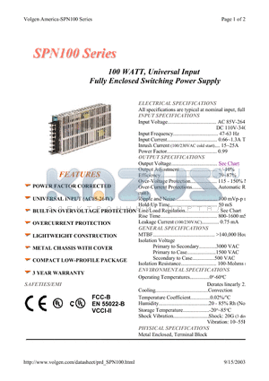 SPN100-12S datasheet - 100 WATT, Universal Input Fully Enclosed Switching Power Supply